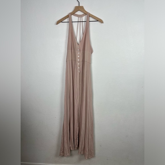 Irene’s Story Taupe pink Sleeveless v-neck front button Midi Dress - Picture 1 of 10